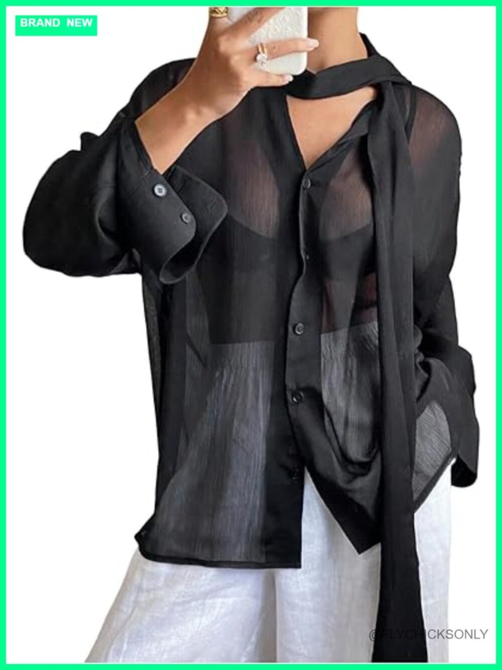 Sheer Mesh Button Up Blouse Tie Neck Long Sleeve Flowy Top